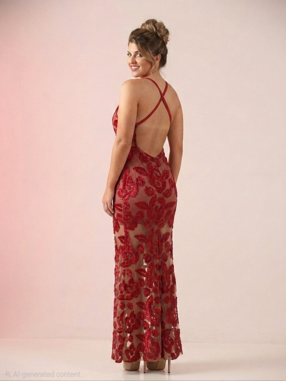Starlette Red Velvet Floral Sheer Mesh Maxi Dress - Open Criss-Cross Back (Size - Picture 2 of 12